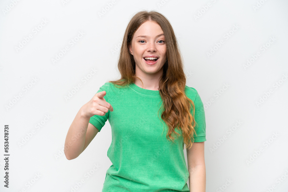 Young pretty woman isolated on white background surprised and pointing front Young pretty woman isolated on white background surprised and pointing front