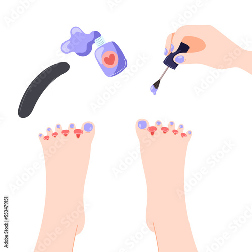Vector pedicure scene. top view of the process of painting toenails with the image of varnish and nail file