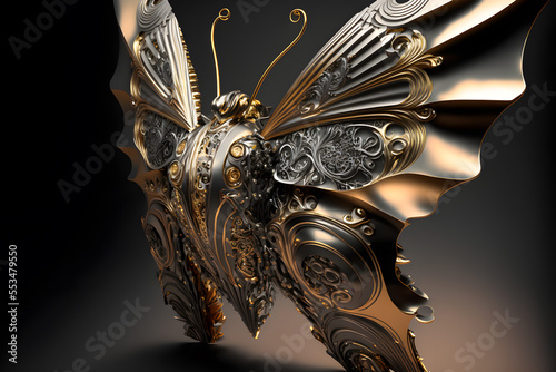 Design of a mechanical butterfly with silver and gold details in rococo style. Generative AI.