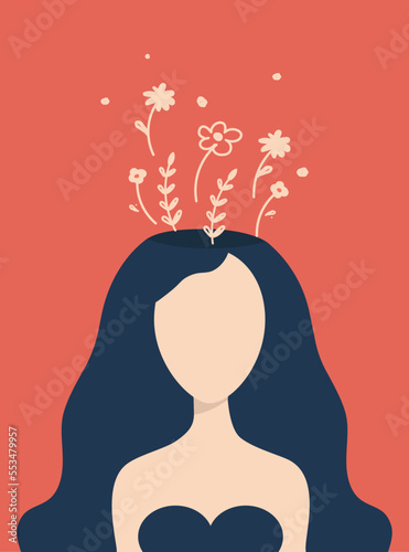 mental health concept. Portrait of a girl without a face with an open head and flowers above her on a red background