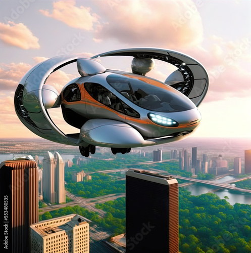 Flying car of the future. Autonomously piloted robo-taxi.  photo