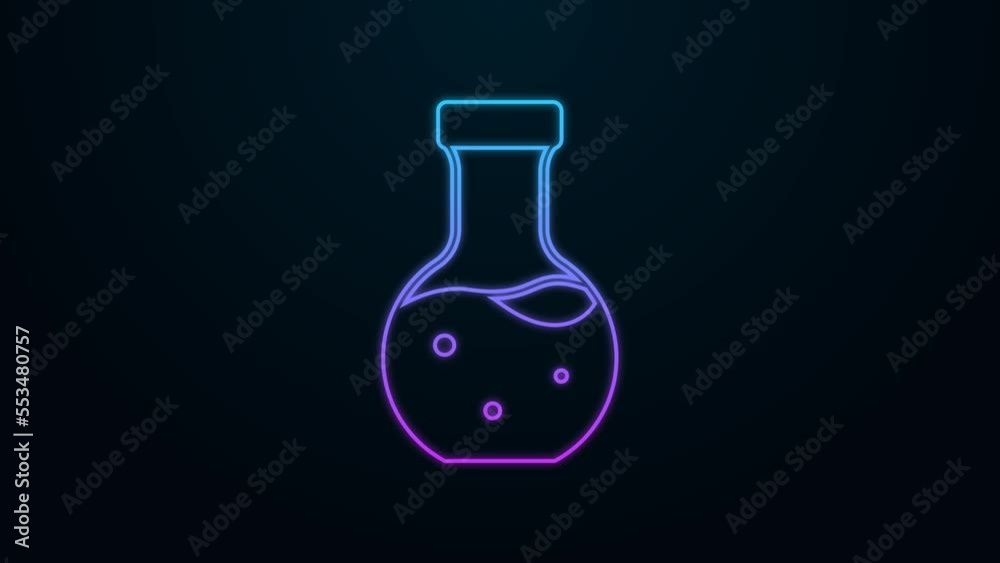 Glowing neon line Test tube and flask chemical laboratory test icon isolated on black background. Laboratory glassware sign. 4K Video motion graphic animation