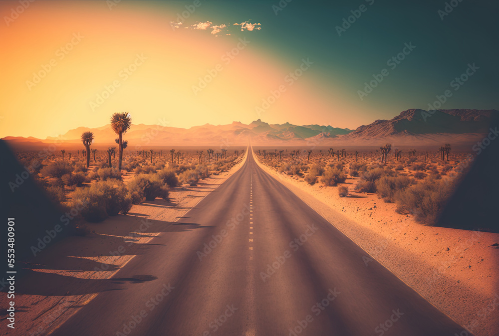 Road in the daylight in the desert. Generative AI