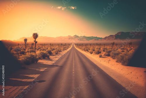 Road in the daylight in the desert. Generative AI © 2rogan