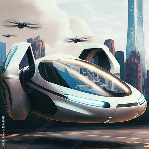 Flying car of the future. Autonomously piloted robo-taxi.  photo