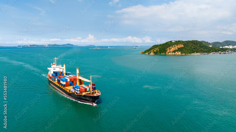 cargo logistics container ship sailing in green sea to import export goods and distributing products to dealer and consumers across worldwide, by container ship Transport business service
