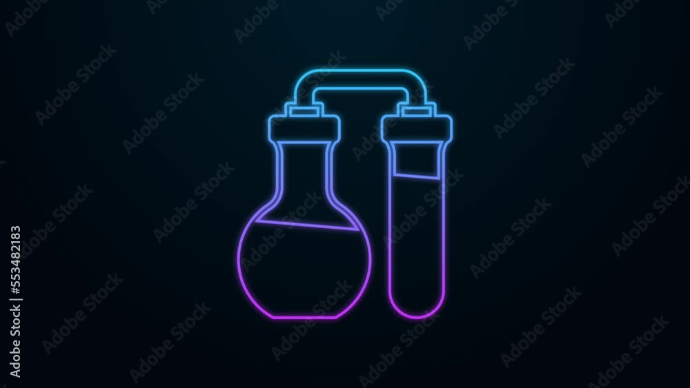 Glowing neon line Test tube and flask chemical laboratory test icon isolated on black background. Laboratory glassware sign. 4K Video motion graphic animation Glowing neon line Test tube and flask chemical laboratory test icon isolated on black background. Laboratory glassware sign. 4K Video motion graphic animation