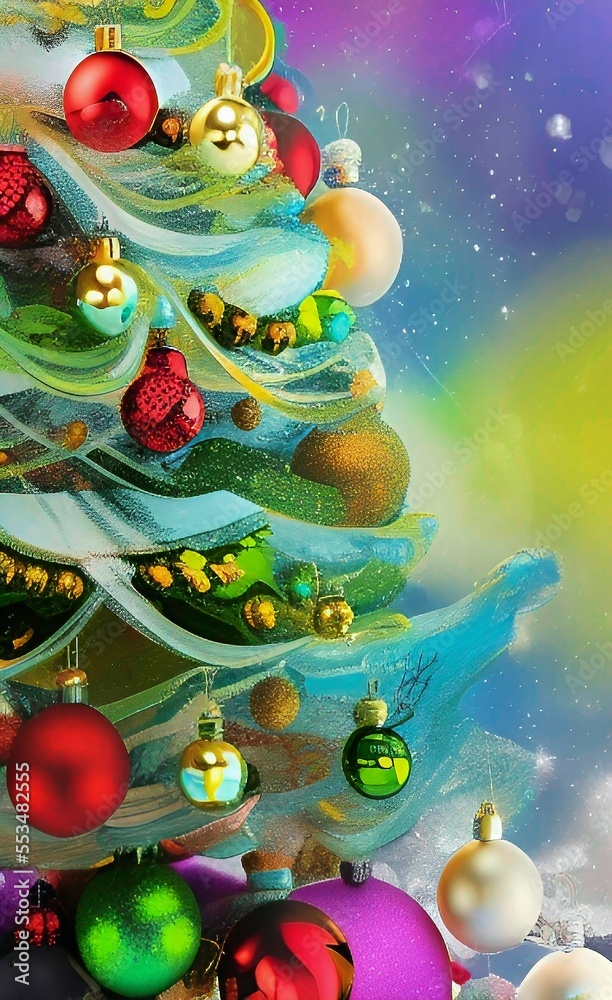 Christmas background with christmas tree and bright colorful balls