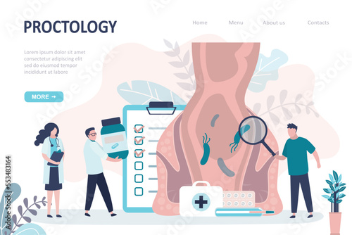 Doctor uses magnifying glass and examines colon. Proctologists analysis perianal area. Medical staff gives pills and treats internal organs. Proctology, prescription of treatment, landing page.