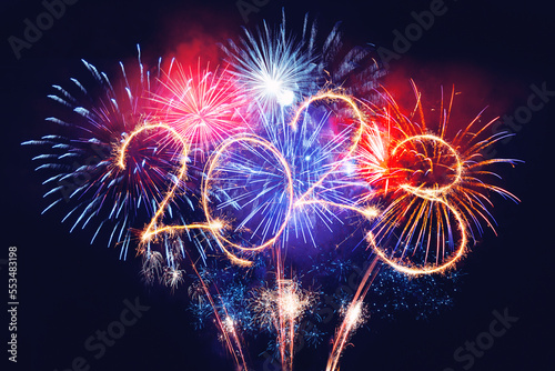 Sparkler firework illumination on black background, happy new year 2023 lights 