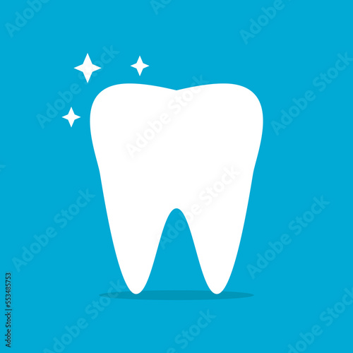 White shiny clean tooth dental cartoon character on blue background icon flat vector design.