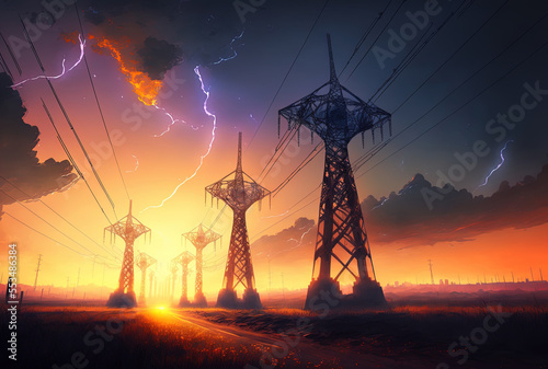 Sun setting behind the pylons that provide energy. Generative AI Fototapet