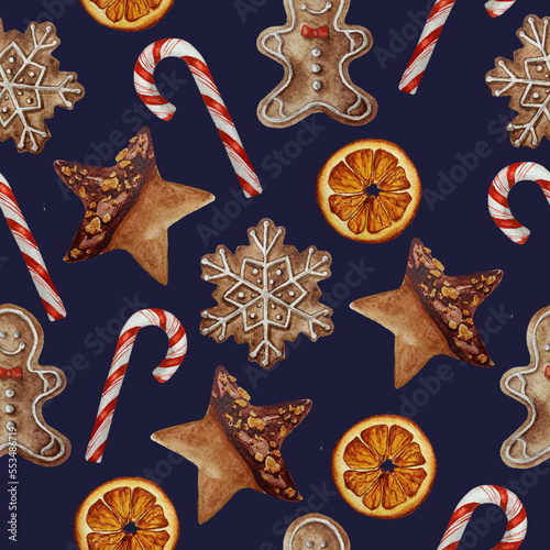 Watercolor Christmas sweets seamless pattern. Gingerbread star, gingerbread man, snowflake cookies, candy cane, dry orange on dark blue background.