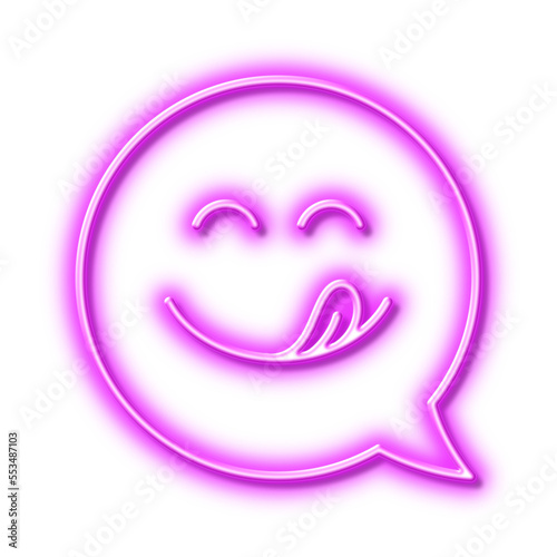 Yummy smile line icon. Emoticon with tongue sign. Speech bubble. Neon light effect outline icon.