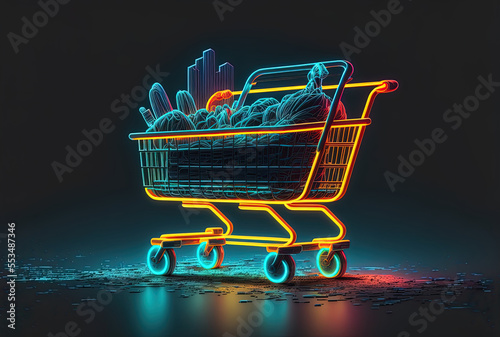 On the rear of the shopping cart, which sits on a concrete platform, is a neon illuminated website emblem. Generative AI