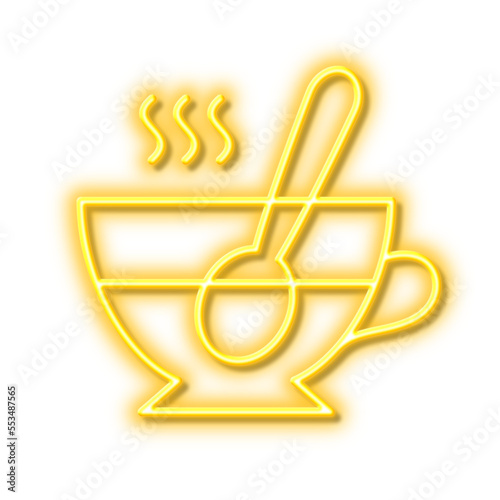 Cup with spoon line icon. Fresh beverage sign. Neon light effect outline icon.