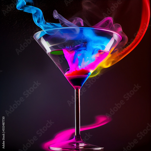 colorful cocktail in glass with splashes and lemon on dark background. Party club entertainment. Mixed light