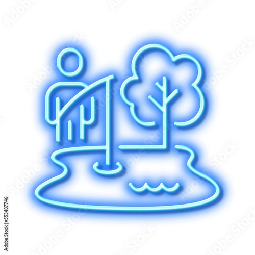 Fishing place line icon. Fisherman with rod sign. Neon light effect outline icon.