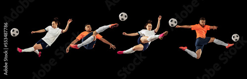 Collage. Sportive, active young people, man and woman in uniform training, playing football isolated over black studio background © master1305