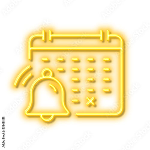 Notification calendar line icon. Bell alarm reminder sign. Neon light effect outline icon.