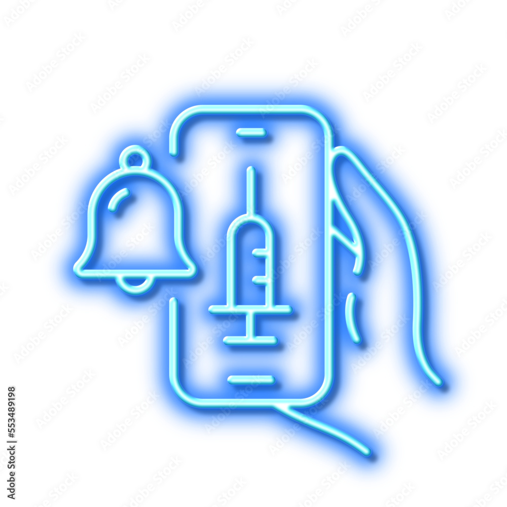 Vaccine announcement line icon. Vaccination phone app sign. Neon light effect outline icon. Vaccine announcement line icon. Vaccination phone app sign. Neon light effect outline icon.