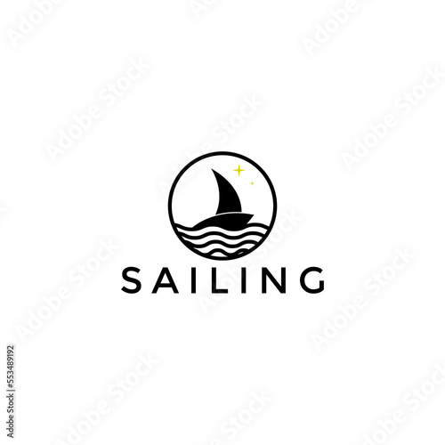 Sailboat logo design for Sailing at Night with stars, Fisherman's Sailboat on Ocean Waves