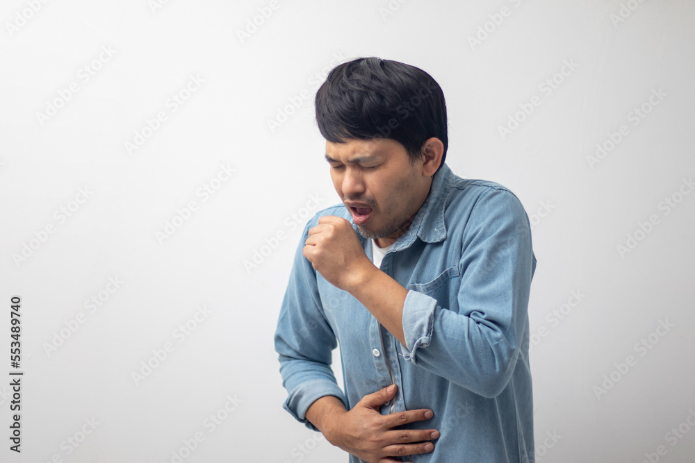 man wearing white shirt coughing on white background man wearing white shirt coughing on white background