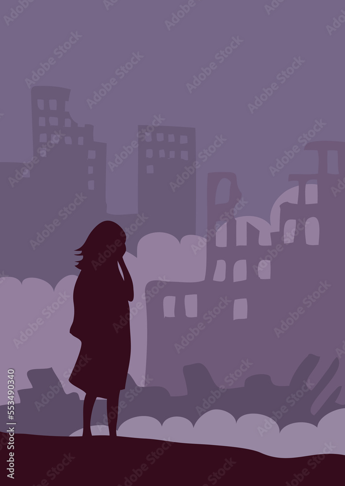 A girl is crying in front of a ruined city. The terrible consequences of war, earthquake and natural disaster. Panorama landscape with destroyed buildings. Vector illustration A girl is crying in front of a ruined city. The terrible consequences of war, earthquake and natural disaster. Panorama landscape with destroyed buildings. Vector illustration