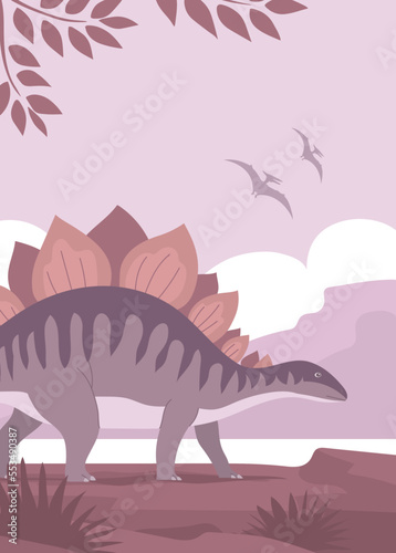 Stegosaurus with spikes on the tail. Herbivorous dinosaur of the Jurassic period. Prehistoric wildlife landscape. Cartoon vector illustration