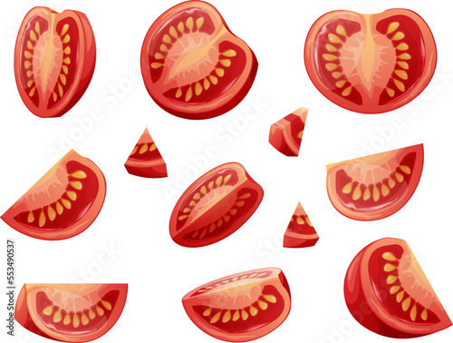 Set of slices of tomato on a white background. Chopped vegetable. Healthy vegetarian food. Vector illustration