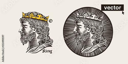 King with crown. Engraved portrait logo. Ink hatching style medieval emblems.