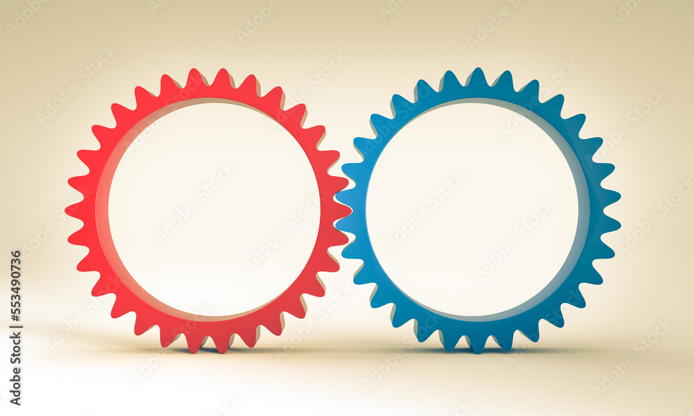 red and blue gears on a neutral background.