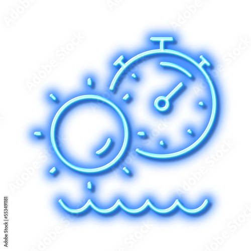 Tanning time line icon. Uv sun protect sign. Neon light effect outline icon.
