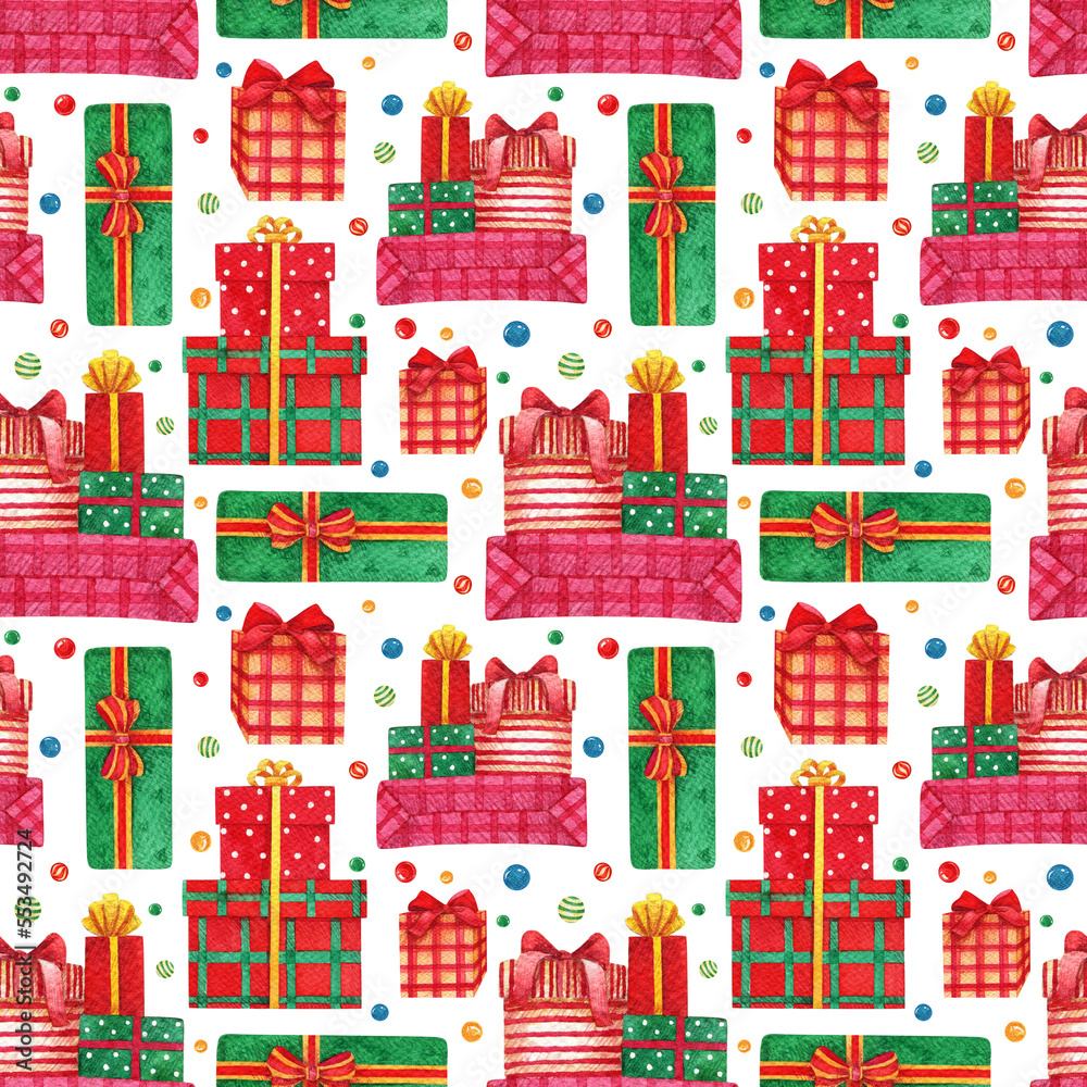 Christmas gifts background. Watercolor happy birthday presents seamless patterns.