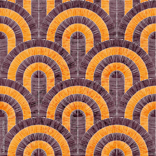 Seamless embroidered pattern. Wavy ornament in bohemian style. Grunge vintage texture. Vector illustration.