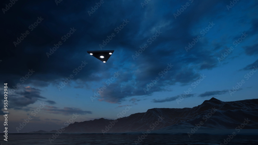 3D-rendering. Triangular ufo hung in the sky in the evening
3D-rendering. Triangular ufo hung in the sky in the evening