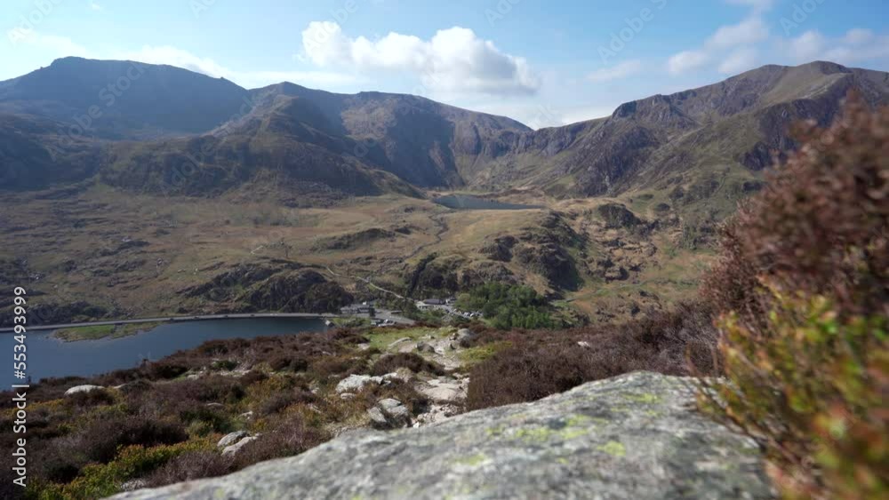 Slow tracking shot of the Glyderau mountains and the Ogwen valley in Snowdonia UK Slow tracking shot of the Glyderau mountains and the Ogwen valley in Snowdonia UK
