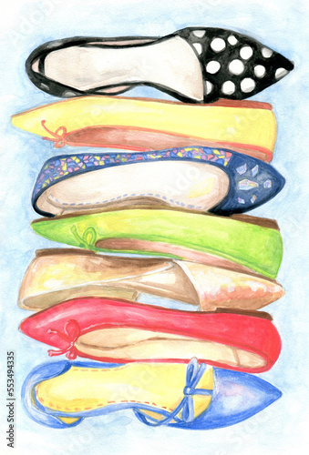 Colorful shoes fashion watercolor illustration, stacked woman's shoes, shoe lover, lifestyle illustration, 600 dpi 