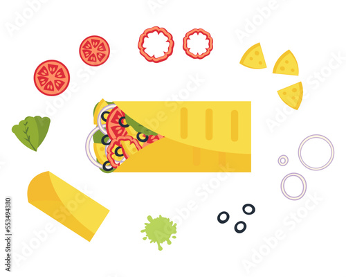 Cheese and olives mexican fastfood burrito recipe ingredients. Perfect for tee, stickers, menu and stationery. Isolated vector illustration for decor and design.