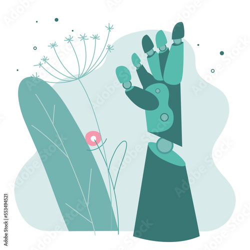 The vector illustration with BIONIC engineering, titanium implant or prosthesis hand. Medicine technology of future.