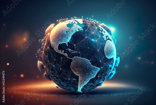 Glowing polygonal globe with future network concept against fuzzy blue backdrop. Generative AI