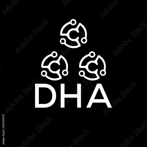 DHA letter logo. DHA best black background vector image. DHA Monogram logo design for entrepreneur and business.
