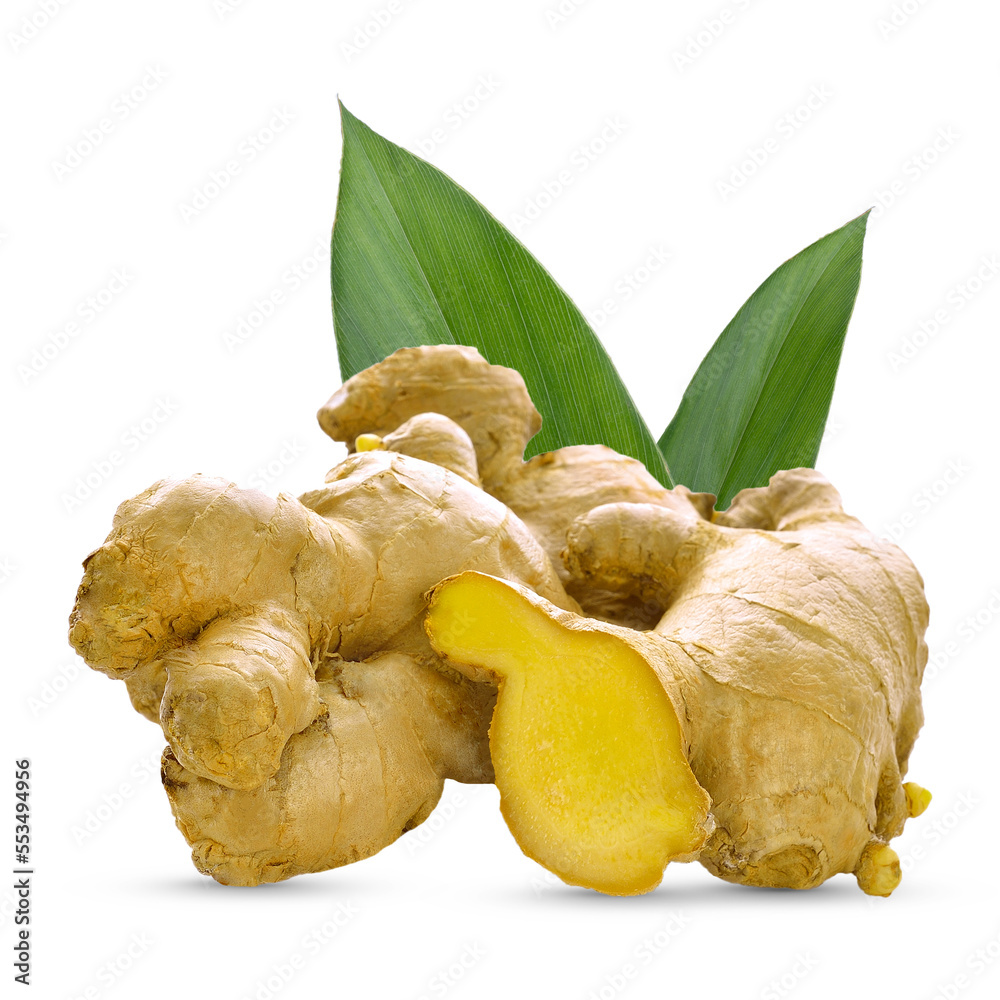 Фотография ginger ;root sliced with green leaves