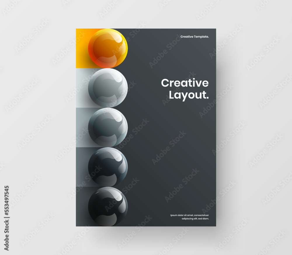 Isolated book cover A4 design vector layout. Premium 3D spheres corporate identity template.