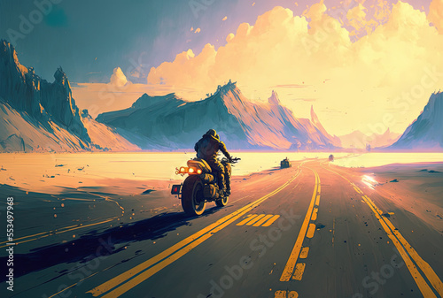 On the road, a motorcyclist is riding. driving the deserted road with enjoyment. Generative AI