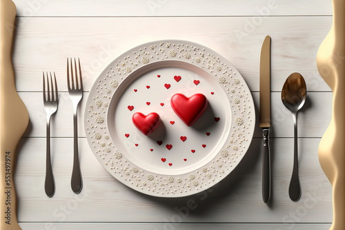Pan view of luxury restaurant , Valentine's Day with fork, knife and hearts on a white wooden table.