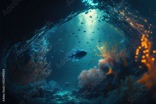 coral reef in the sea, deap blue sea, underwater unreal , AI art © dasom