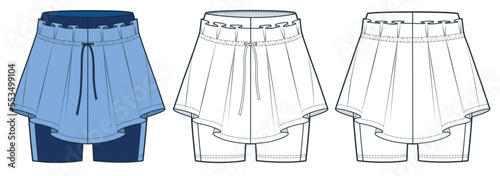Women's Mini Skirt, Short Leggings technical fashion illustration, blue design. Tennis Skirt fashion flat technical drawing template, front and back view, white color, women's CAD mockup.