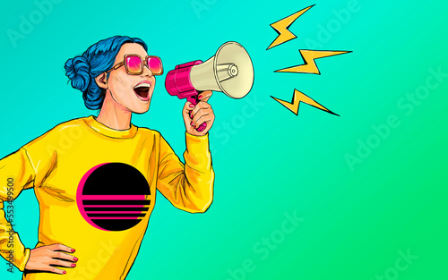 Comic girl with megaphone. Woman with loudspeaker. Advertising poster with lady announcing discount or sale. 