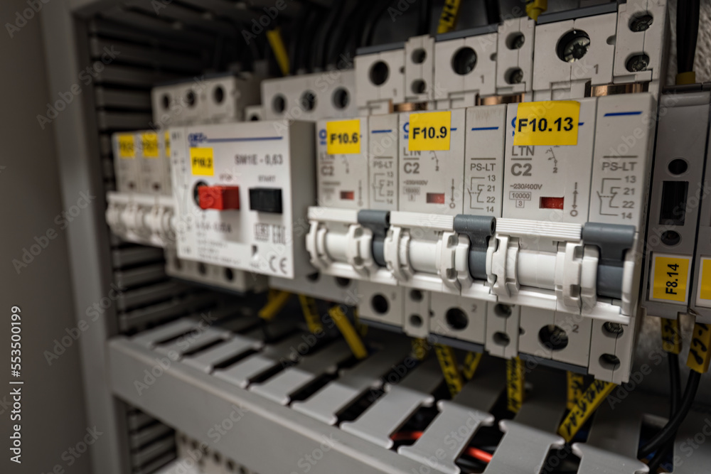 Single-phase circuit breakers in the switchboard.